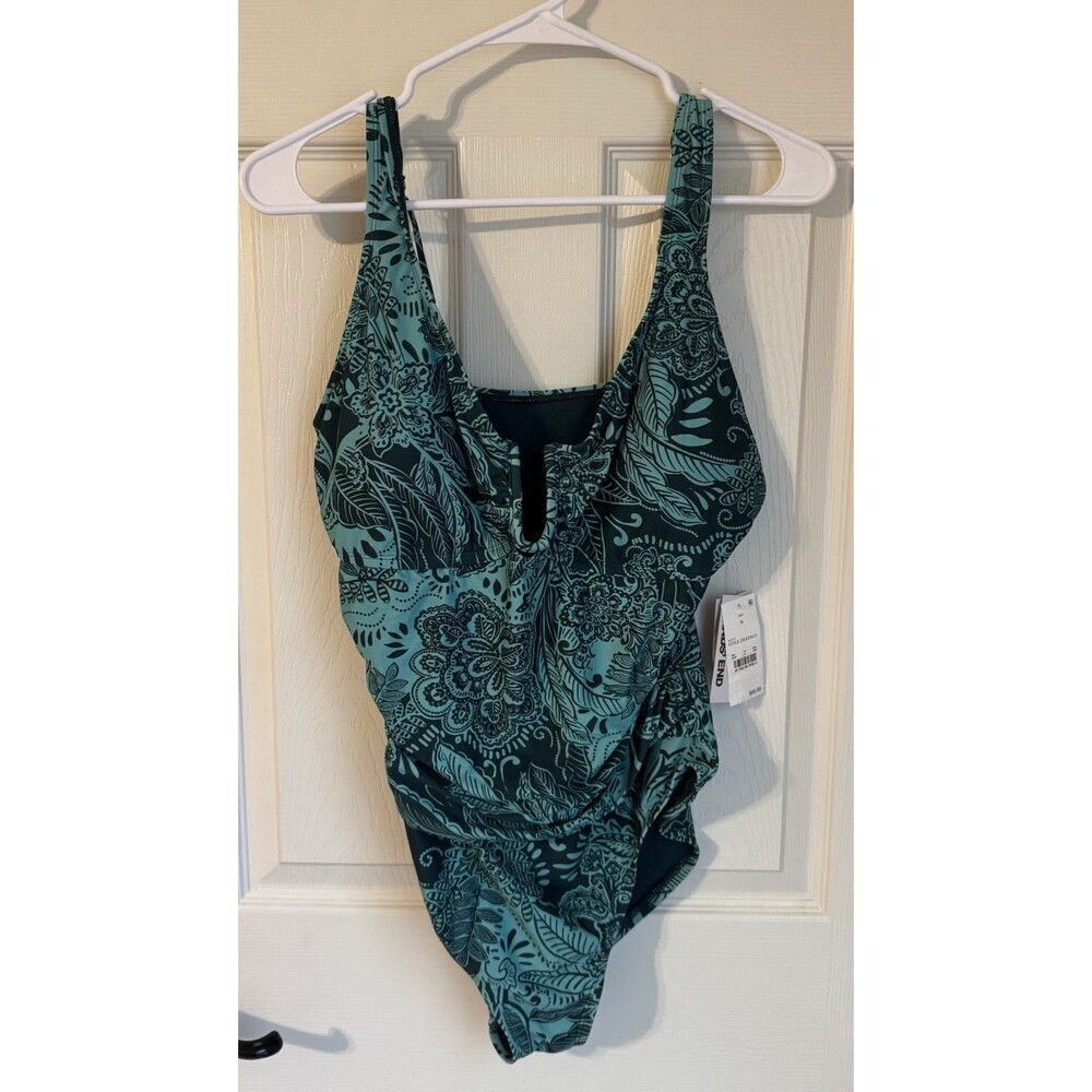 Lands End Aqua Black Print One Piece Swimsuit Size Medium NWT